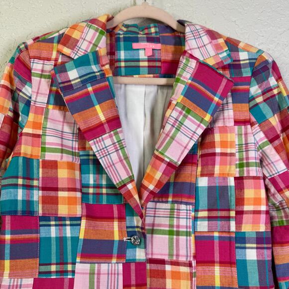 SAM TY Blazer 6 Madras‎ Plaid Patchwork Cotton Crystal Buttons Lined Preppy - Picture 5 of 14